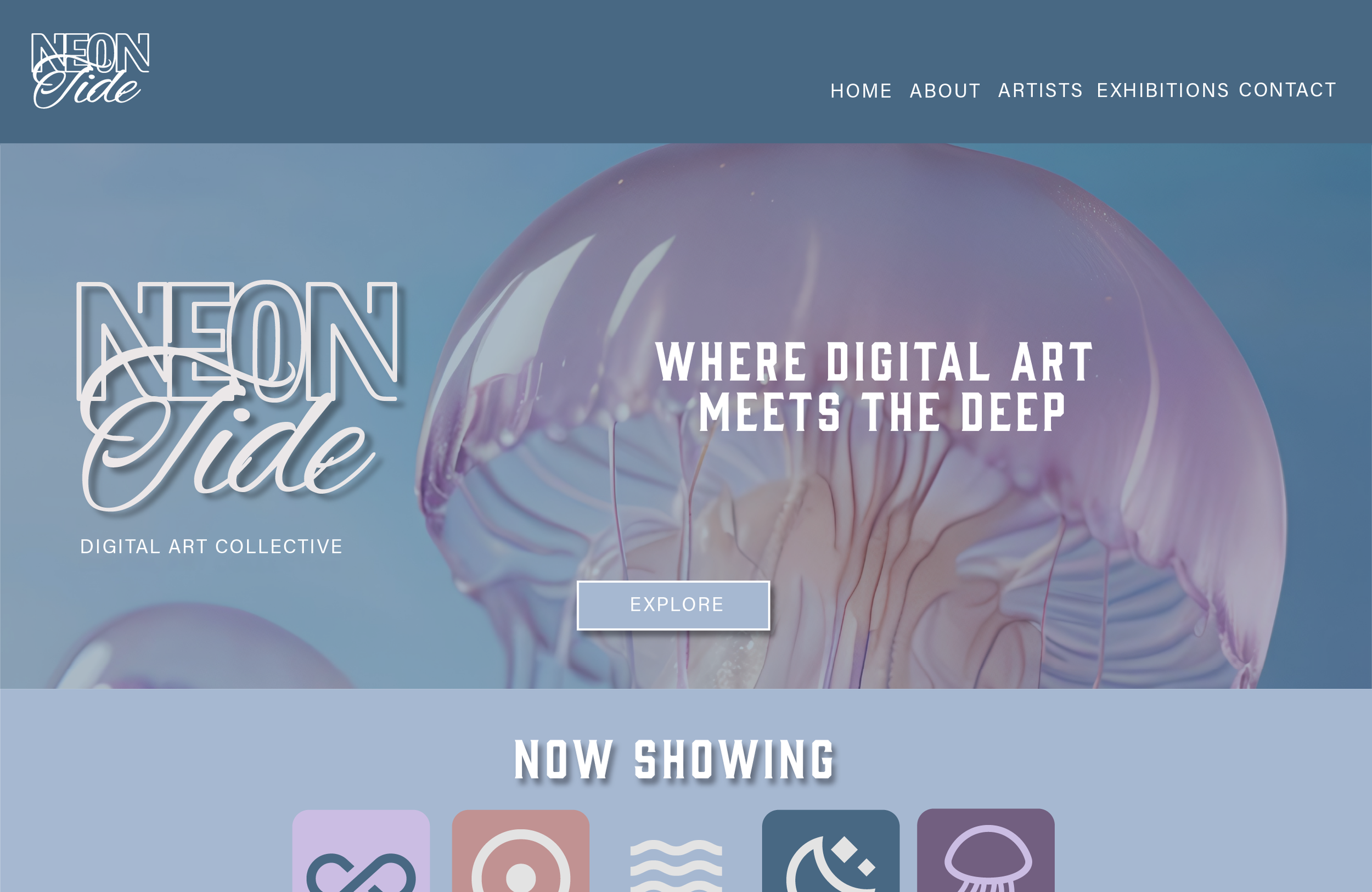 Neon Tide Digital Art Collective website homepage showing the hero section with jellyfish imagery, the wordmark logo, and the tagline Where Digital Art Meets the Deep in teal and purple tones