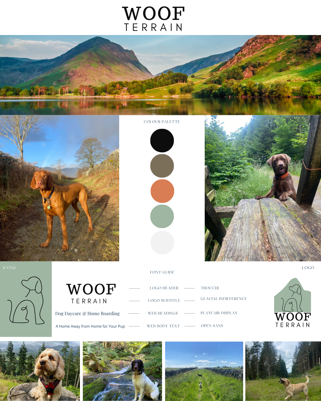 Comprehensive brand style sheet for Woof Terrain, showcasing logo placement, outdoor photography style, and a modern typography suite for pet services.