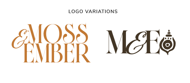 Two Moss & Ember logo variations: a stacked serif wordmark in gold on the left, and a monogram combining the letters M, E, and the brand submark symbol in dark brown on the right