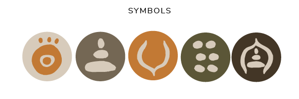 Five circular brand symbols for Moss & Ember displayed in a row, each featuring an abstract nature-inspired icon in cream on backgrounds of cream, taupe, amber, olive, and dark brown