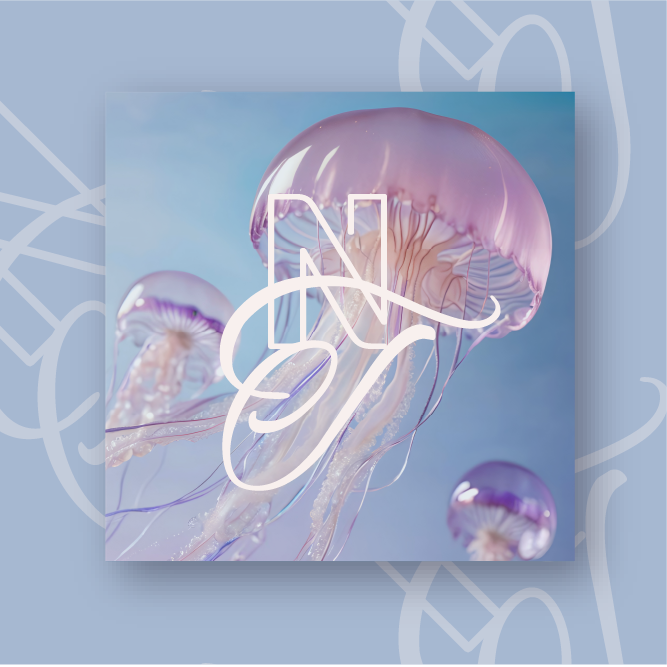 Neon Tide concept brand identity featuring NT monogram logo overlaid on jellyfish photography, designed by Wild Mind Studios