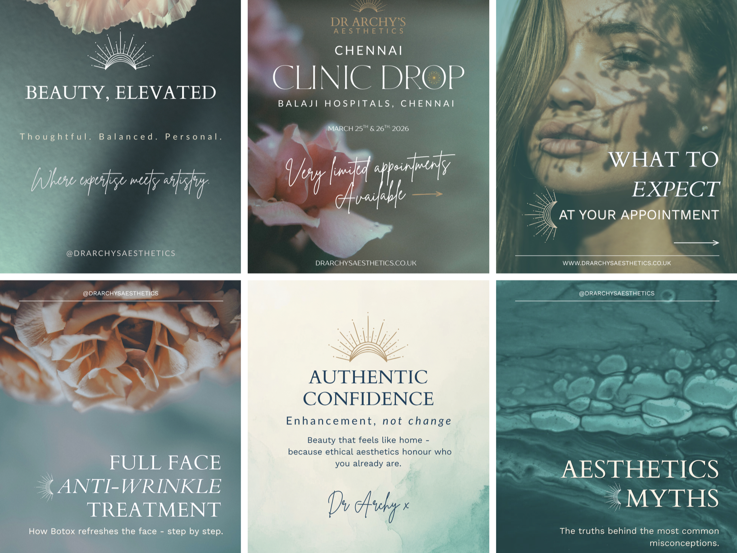 Ongoing branded monthly social media content created for Dr Archy's Aesthetics by Wild Mind Studios, showing Instagram post templates and graphics
