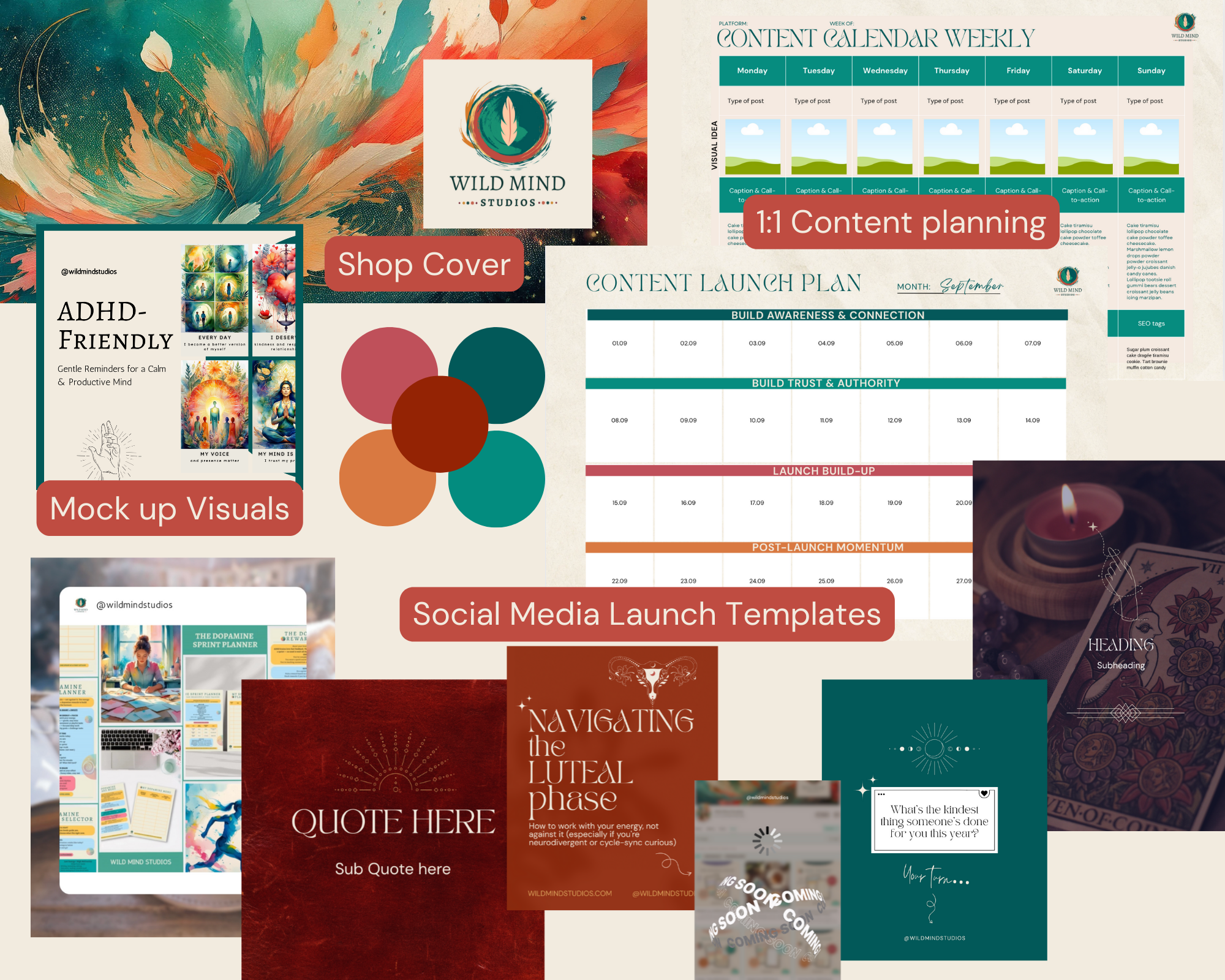 A professional social media launch package by Wild Mind Studios, including content calendars, 1:1 planning templates, and branded Instagram graphics in a deep teal and maroon palette.