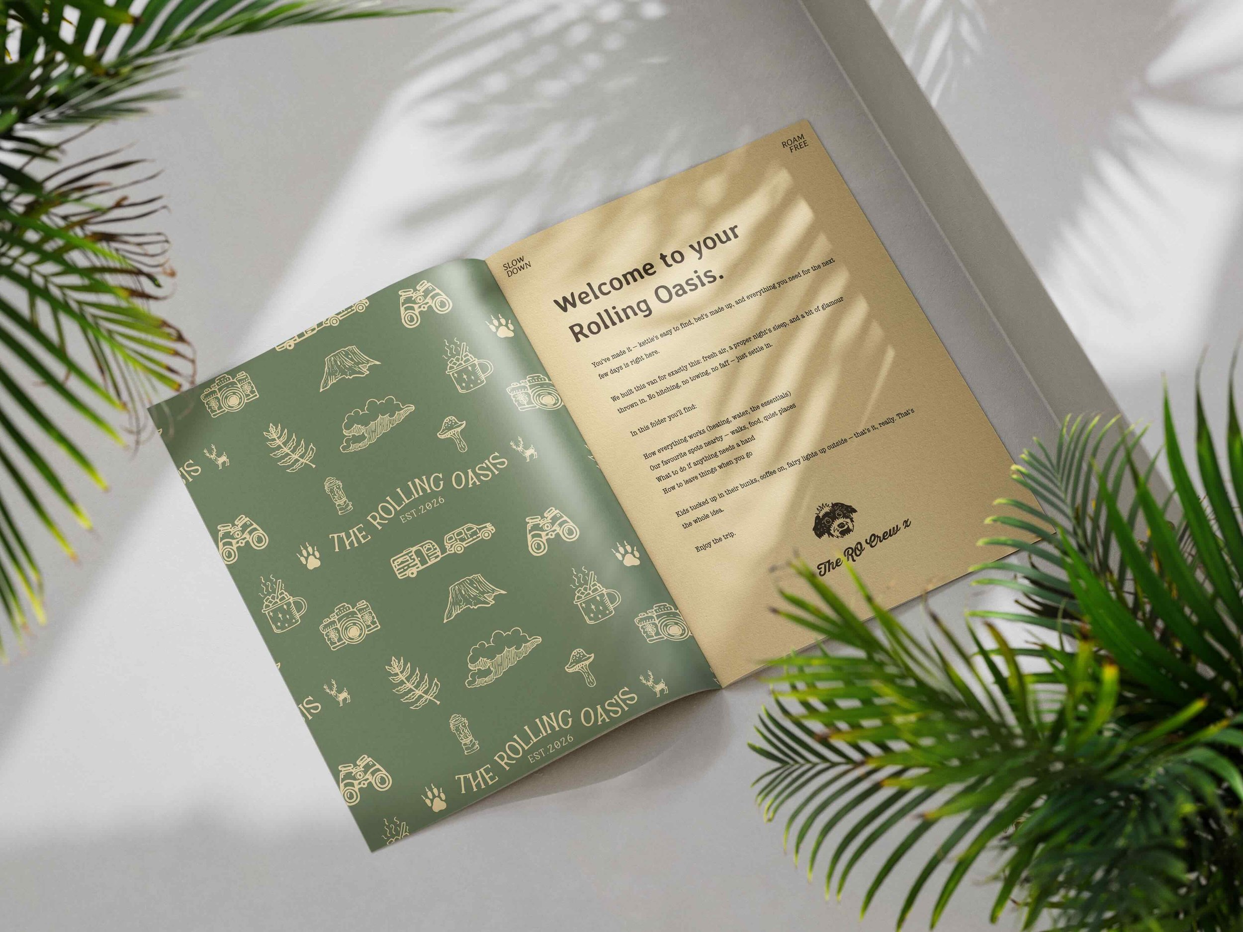 The Rolling Oasis | Guest welcome book with illustrated pattern, brand identity