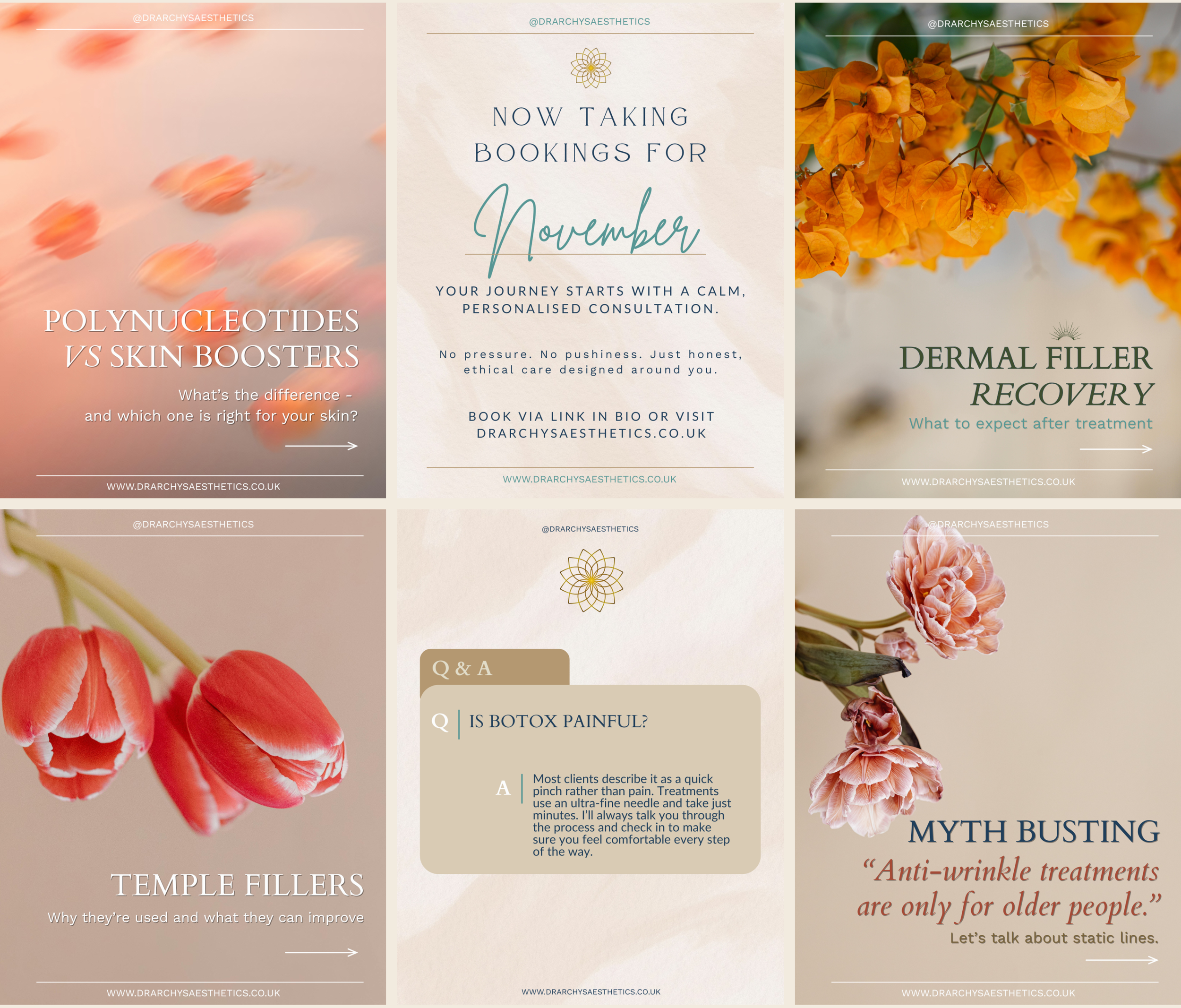 Branded social media launch content created for Dr Archy's Aesthetics by Wild Mind Studios, showing Instagram graphics and educational carousel posts