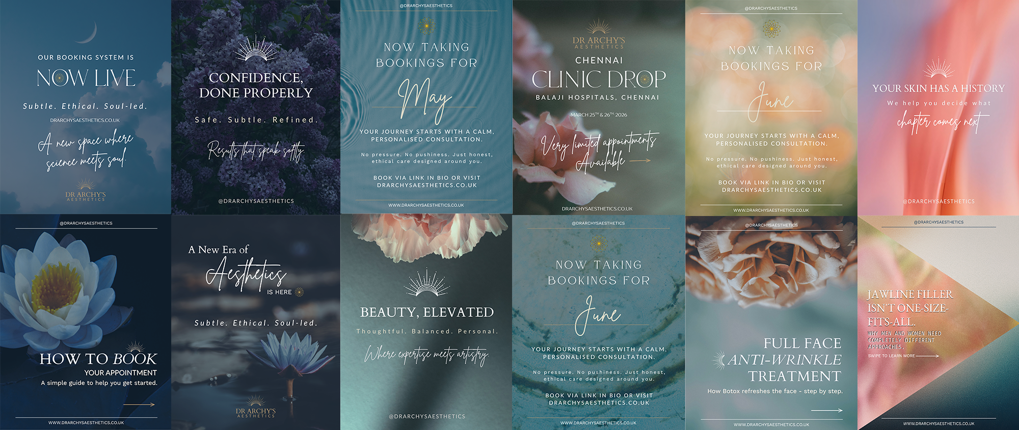 A collage of promotional social media posts for Dr. Archy's Aesthetics, featuring text about booking appointments and treatments, with images of flowers and soft abstract backgrounds.
