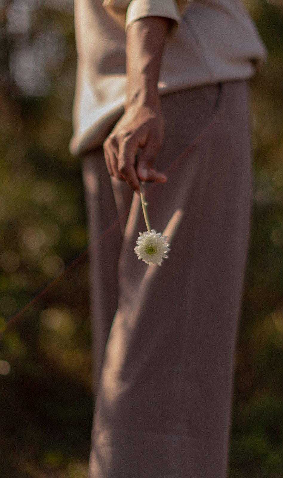 Woman in earth-toned clothing holding a single daisy — mood image representing brand identity design by Wild Mind Studios