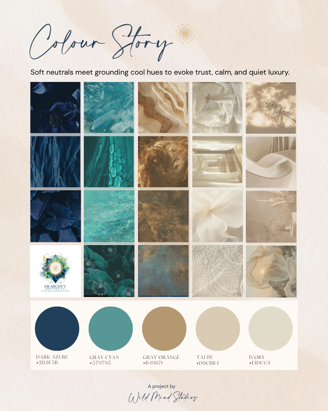 A professional brand color story for Archy's Aesthetics, showing soft neutrals and grounding cool hues used in the medical clinic's premium visual identity.