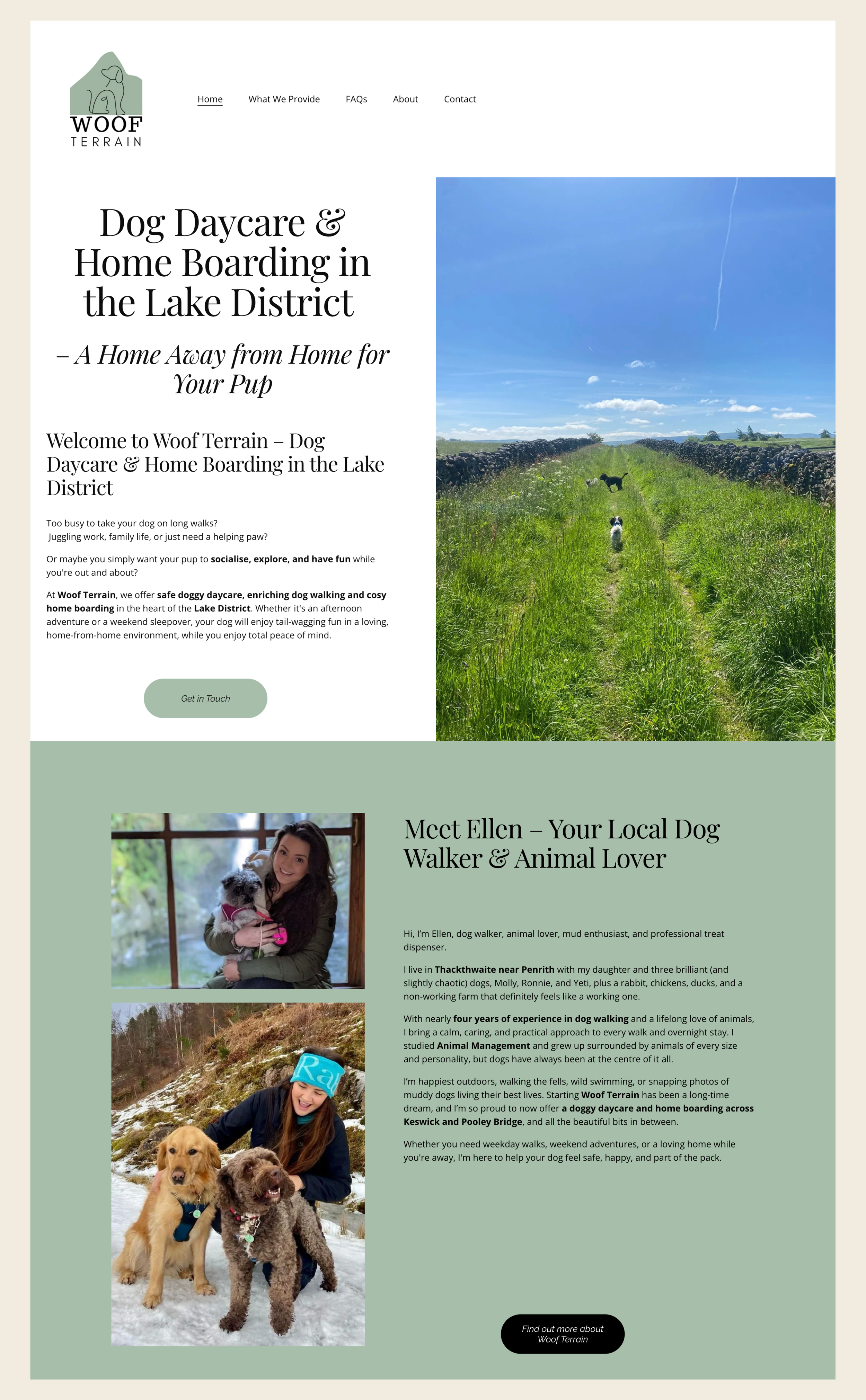Full-page website design for Woof Terrain, a dog daycare and home boarding business in the Lake District, created by Wild Mind Studios.