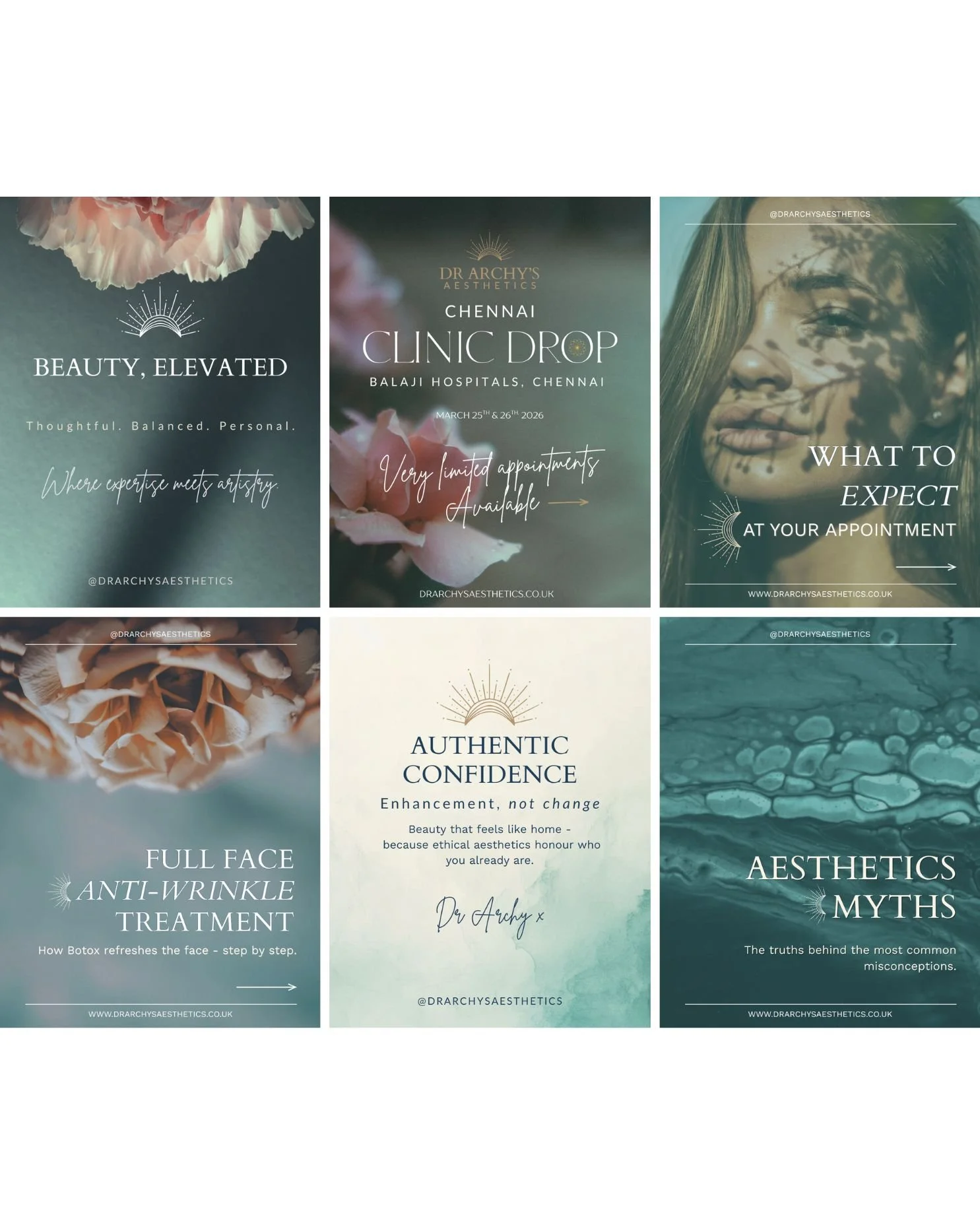 Grid of Dr Archy's Aesthetics branded social media content — explore launch support services by Wild Mind Studios