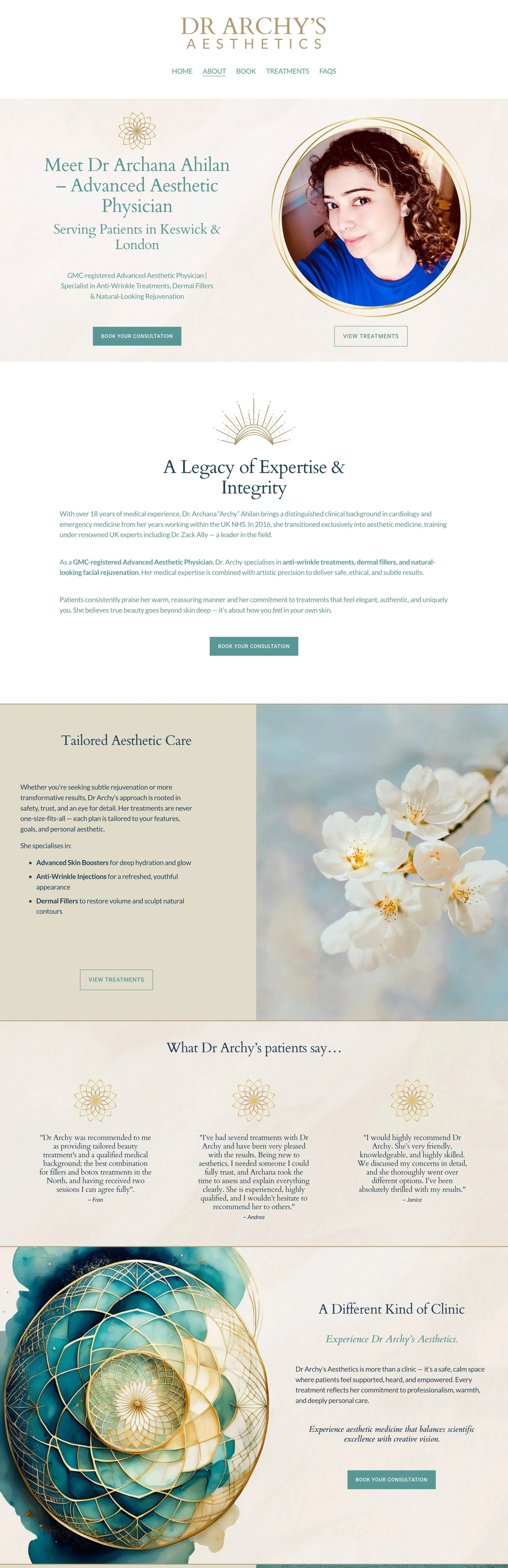 Full-length desktop website design for a medical aesthetics clinic, featuring custom service sections and a high-end wellness aesthetic.