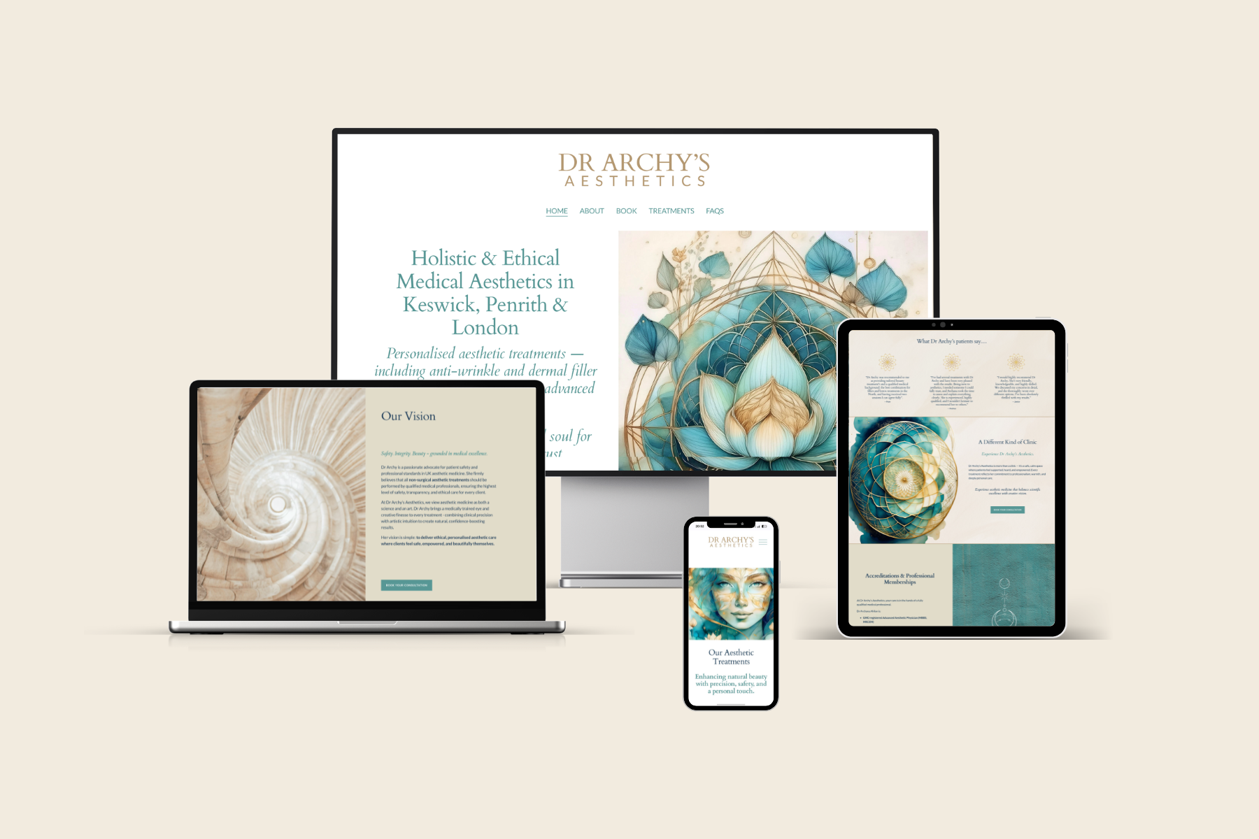 Website and brand identity mockup for Archy's Aesthetics, featuring responsive desktop, tablet, and mobile views on a custom Squarespace site designed by Wild Mind Studios.