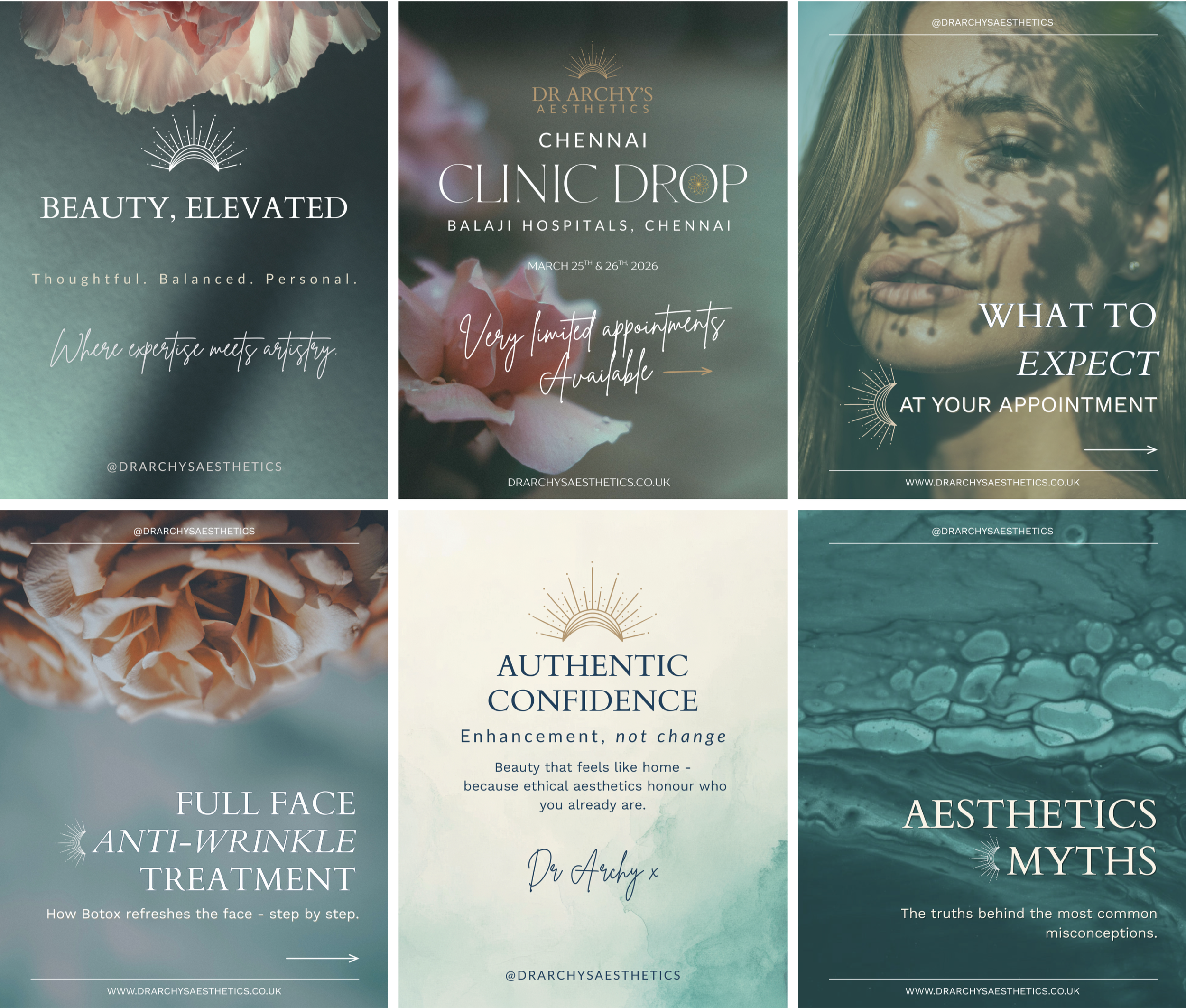 Luxury social media content and launch graphics designed for a medical aesthetics clinic, featuring branded promotional posts, treatment education content, booking announcements and cohesive visual branding for Instagram.