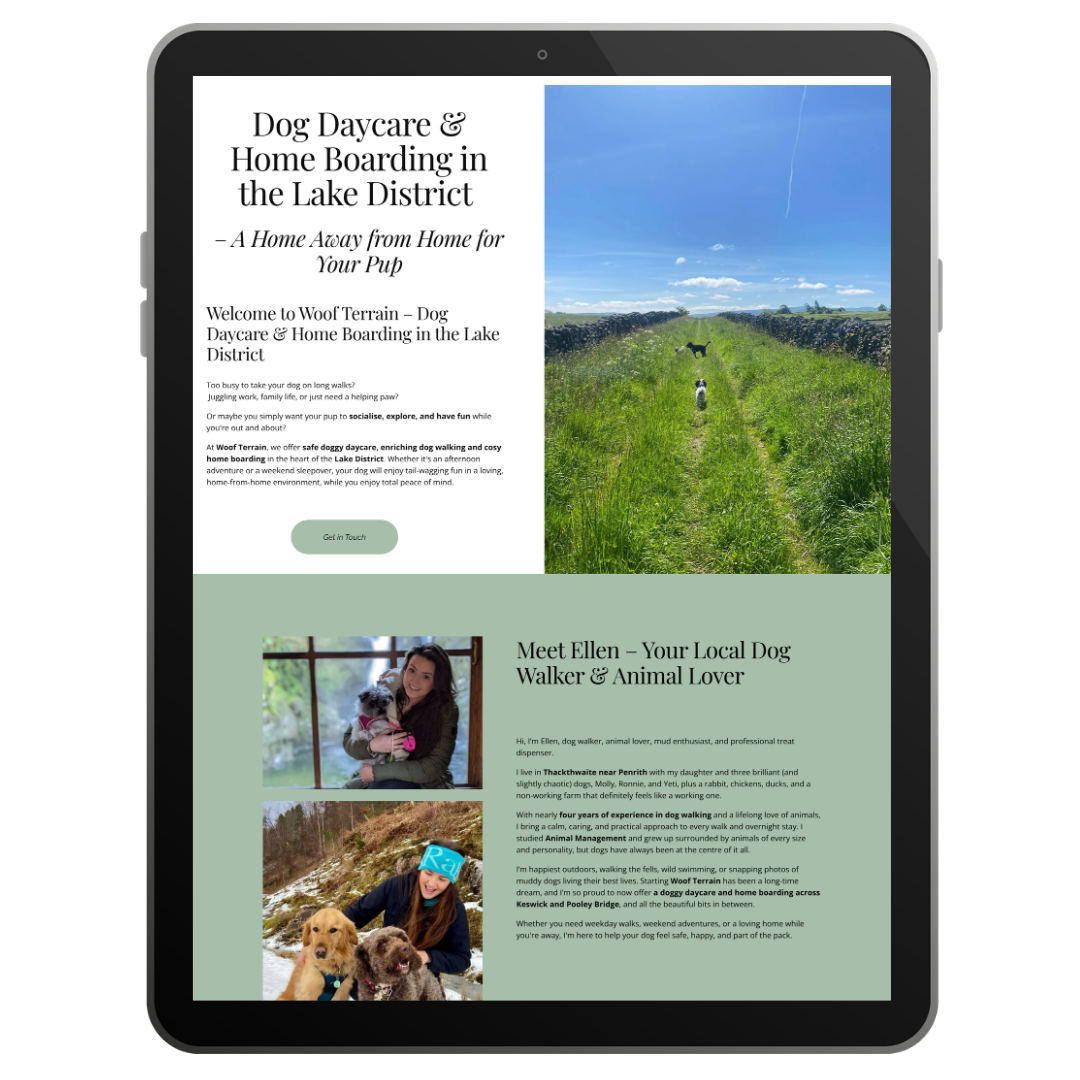 A digital tablet mockup showing the Woof Terrain homepage, highlighting the responsive web design, professional branding, and the 'Meet Ellen' local bio section.