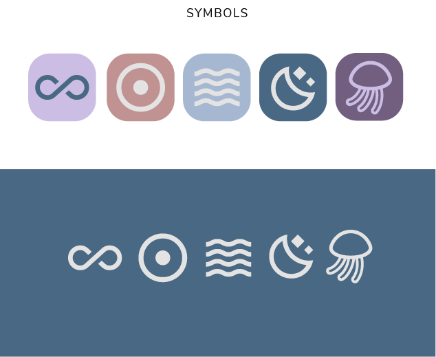 A series of water-themed symbols including an infinity sign, a circle, wavy lines, a crescent moon with stars, and a jellyfish.