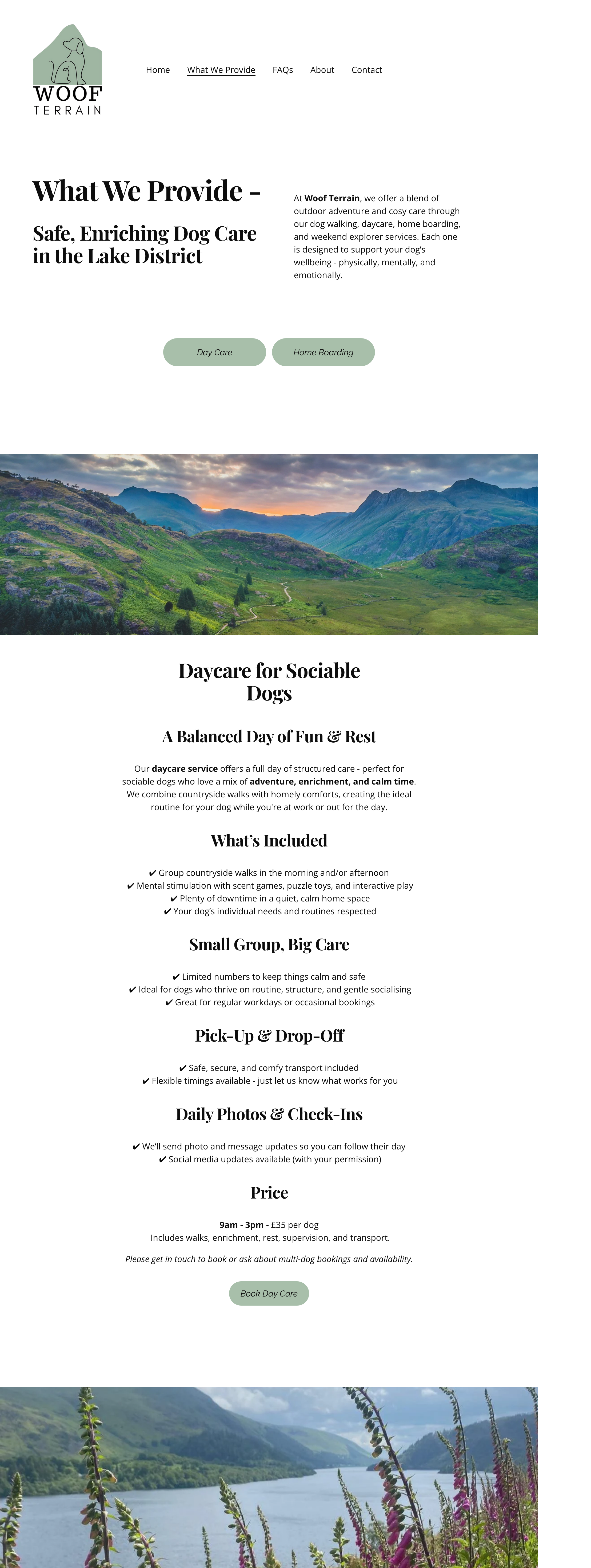 Detailed service page design for Woof Terrain, featuring Lake District adventure daycare descriptions, home boarding pricing, and an embedded Google Map showing local service areas.