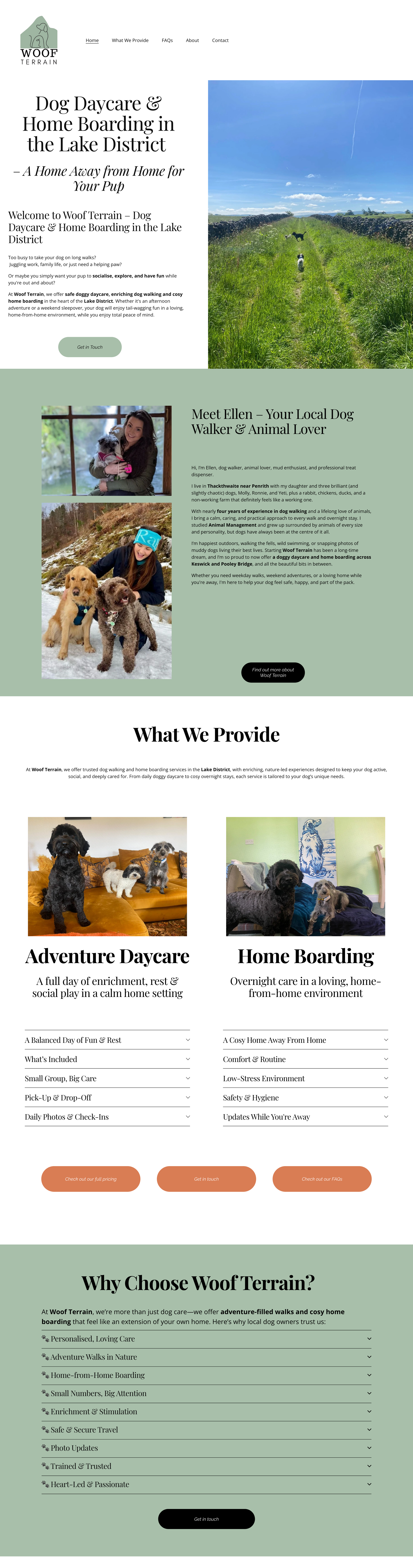 Full-length desktop website layout for Woof Terrain, featuring an earthy green and white aesthetic, professional dog daycare photography, and clear service sections for home boarding in the Lake District.