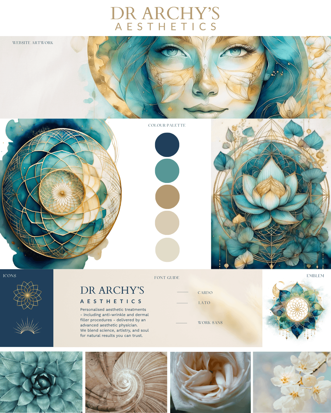 Dr Archy's Aesthetics brand identity board showing logo, colour palette, typography and moodboard imagery — brand design by Wild Mind Studios