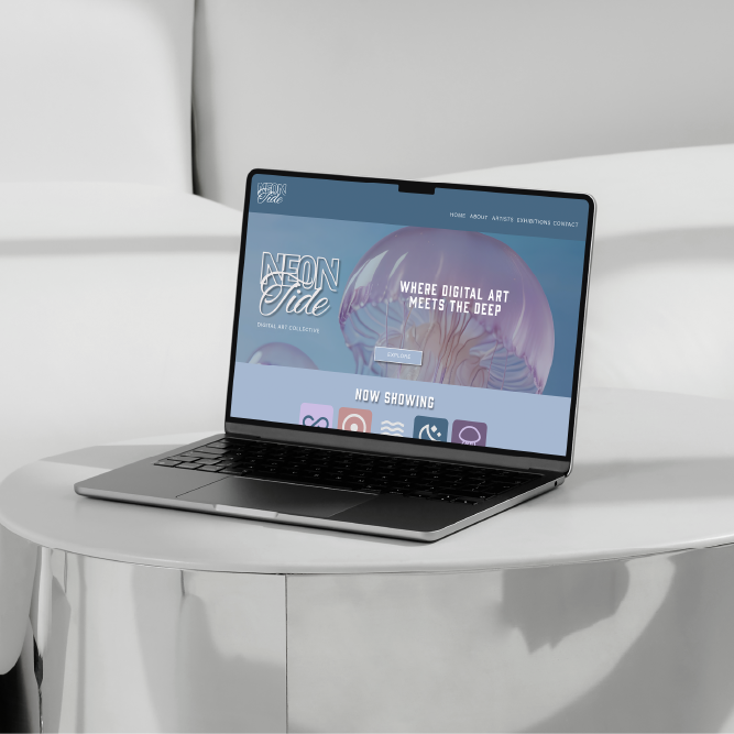 Neon Tide website design displayed on a laptop screen, showing the homepage with deep teal and purple tones, placed on a curved white surface