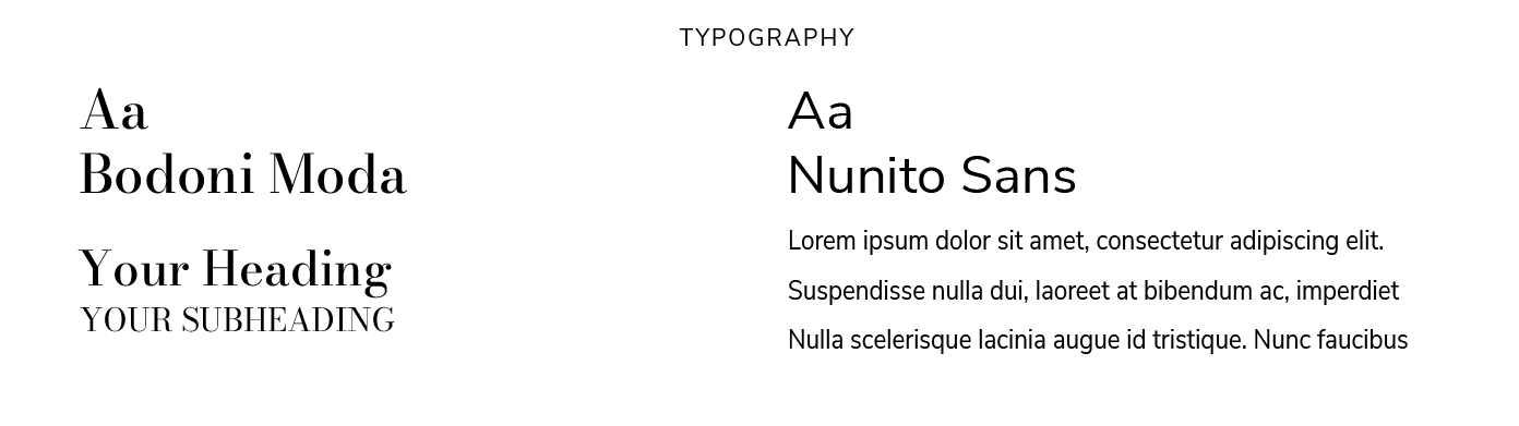Moss & Ember concept brand identity typography system showing Bodoni Moda and Nunito Sans typefaces, designed by Wild Mind Studios