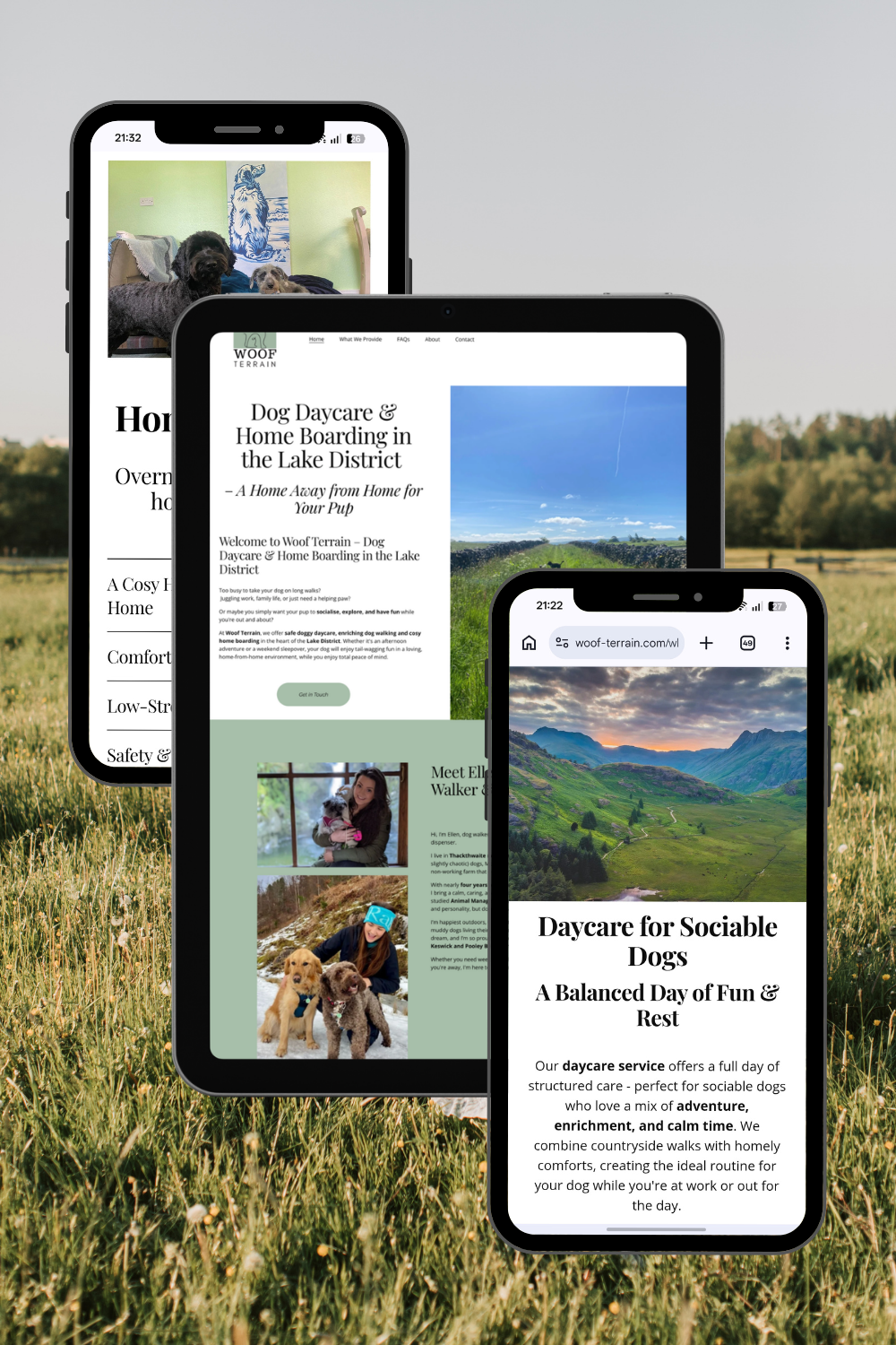 A responsive website showcase for Woof Terrain, featuring mobile and tablet views of the Squarespace site against a natural grassy background to highlight outdoor adventure branding.