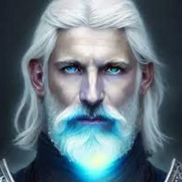 A close-up of a man with long white hair and a beard, with glowing blue eyes and a glowing light emanating from his beard, dressed in dark clothing.
