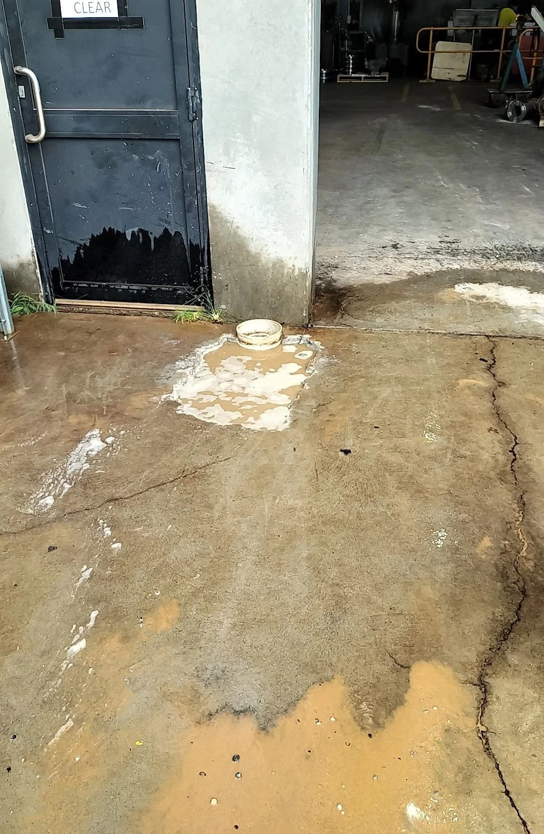 Wet concrete floor with spilled milk and a small bowl near the entrance of a building, with an open garage or workshop interior in the background.