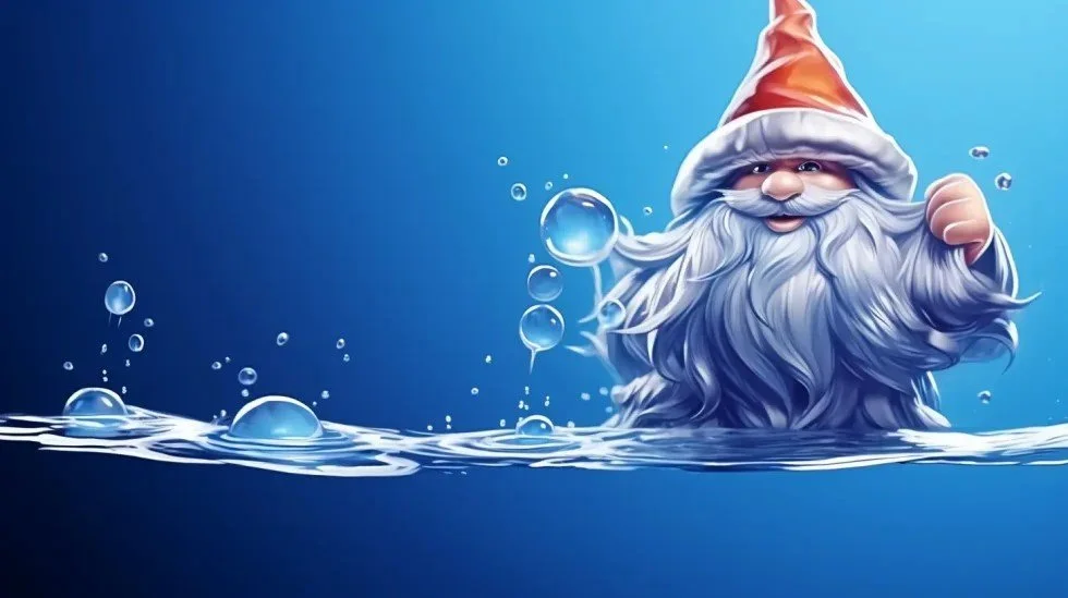 Illustration of a cheerful Santa Claus with a long white beard wearing a red and white hat, partially submerged in water, holding a bubble, with more bubbles floating around against a blue background.