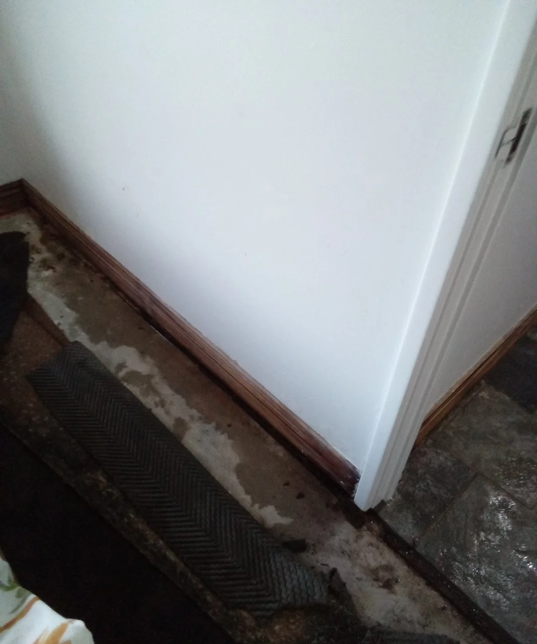 Interior doorway with damaged brown baseboard and a worn dark mat on the floor, next to a white wall and a door.