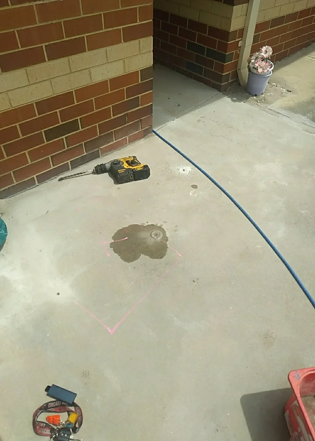 Construction site with a yellow cordless drill, a water stain on the concrete ground, a blue hose, and a potted plant with pink and white flowers near a brick wall.