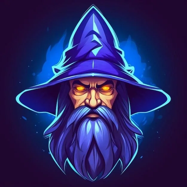 Digital illustration of a wizard with glowing yellow eyes, wearing a large pointed blue hat and having a long blue beard.