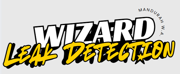 Wizard Leak Detection logo with bold black and yellow text on a gray background.