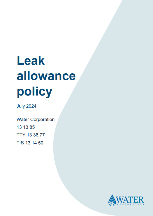 Cover page of a leak allowance policy document for Water Corporation, dated July 2024, featuring the Water Corporation logo and contact numbers.
