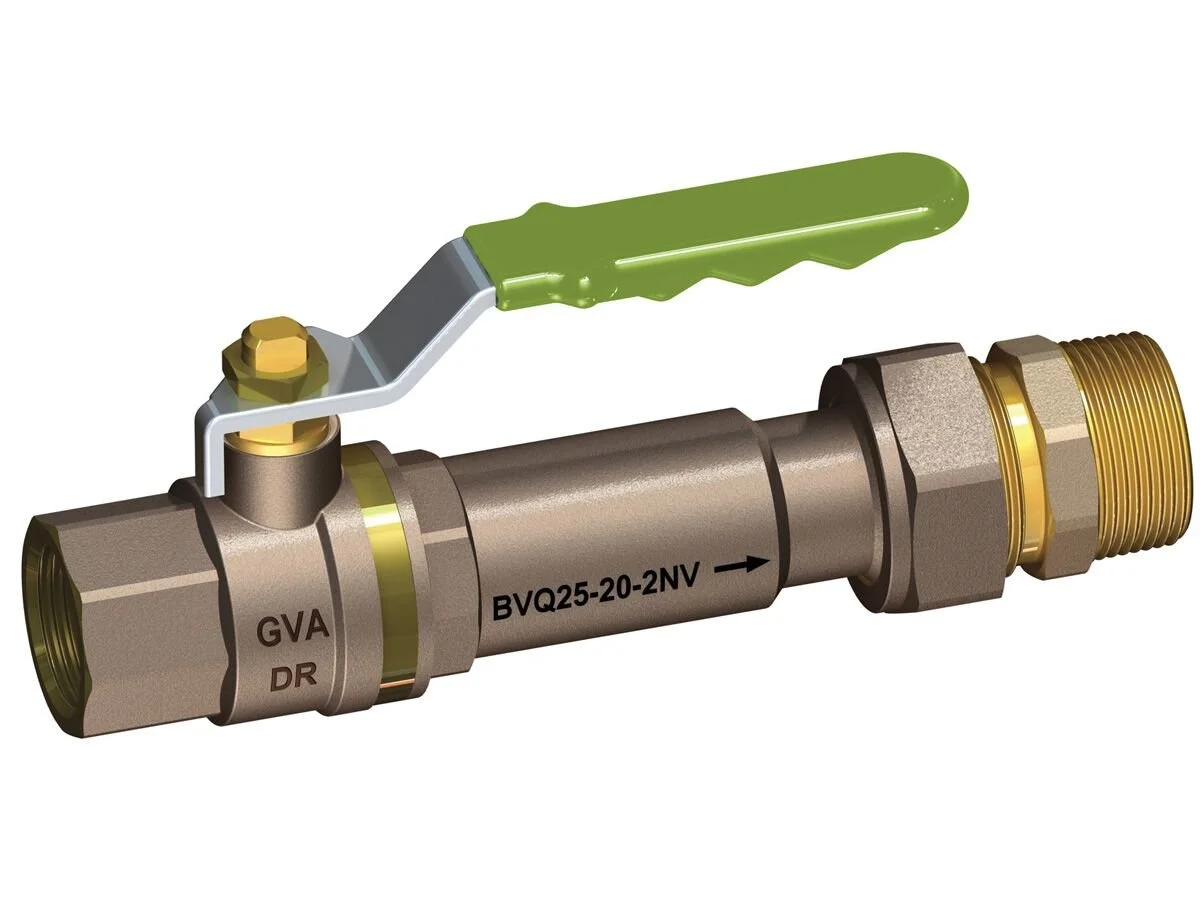 A brass ball valve with a green handle attached, connected to threaded pipe fittings, used in plumbing for controlling water flow.