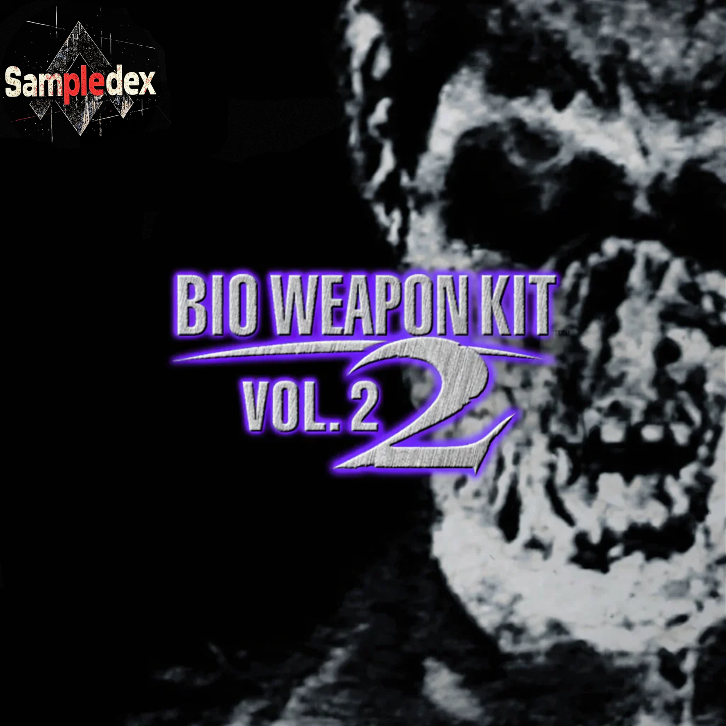 Cover art for 'Bio Weapon Kit Vol 2' featuring a distorted, high-contrast black and white face in the background with neon purple and gray text overlay.