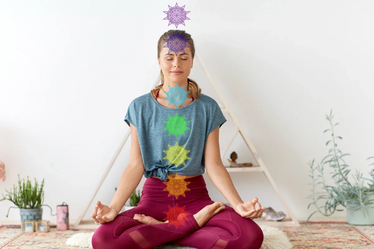 Symbolbild für die Chakra-Ausbildung in der Schweiz – Frau meditiert im Lotus-Sitz, über ihr die sieben Hauptchakras von Wurzel- bis Kronen-Chakra