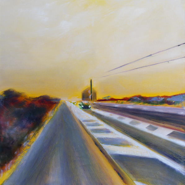 Impressionistic painting of a road with a car, distant landscape, and power lines under a yellow sky.
