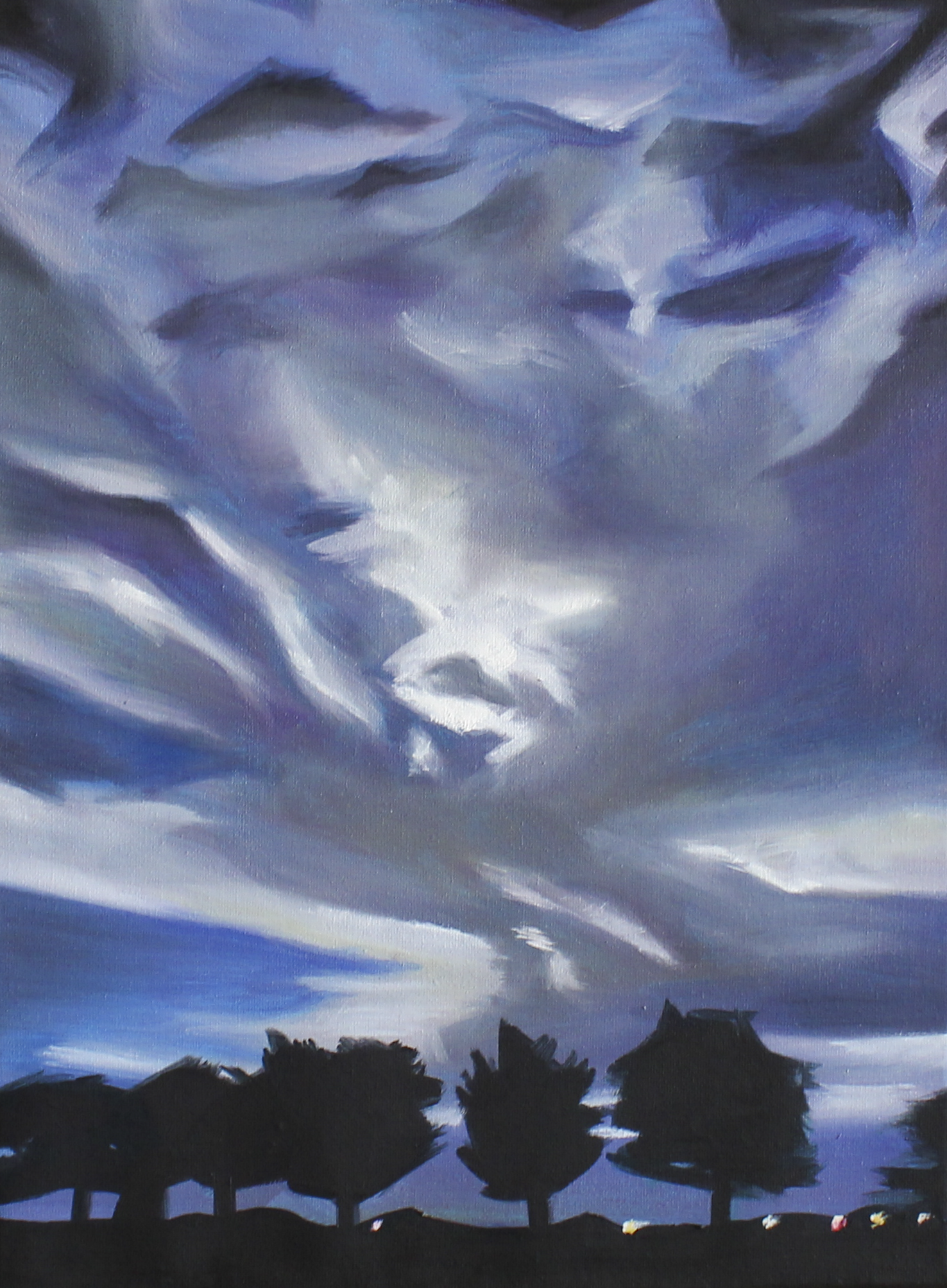 Abstract painting of a night sky with swirling clouds and silhouetted trees