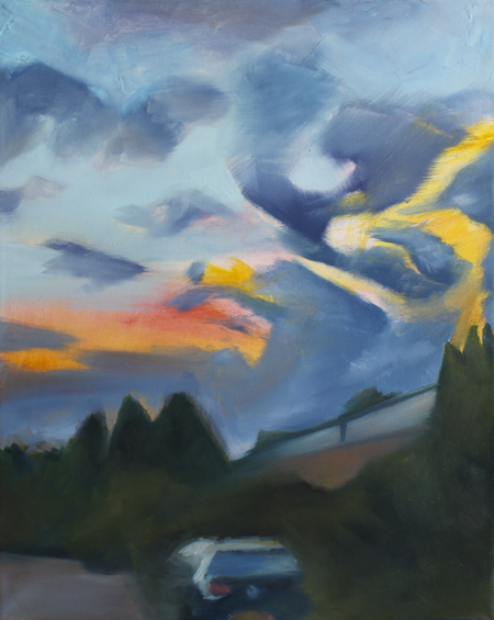 Abstract painting of a vibrant sunset sky with clouds and silhouettes of trees.