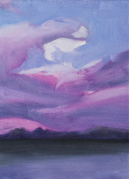 Landscape painting with a purple and pink sunset sky over a dark horizon.