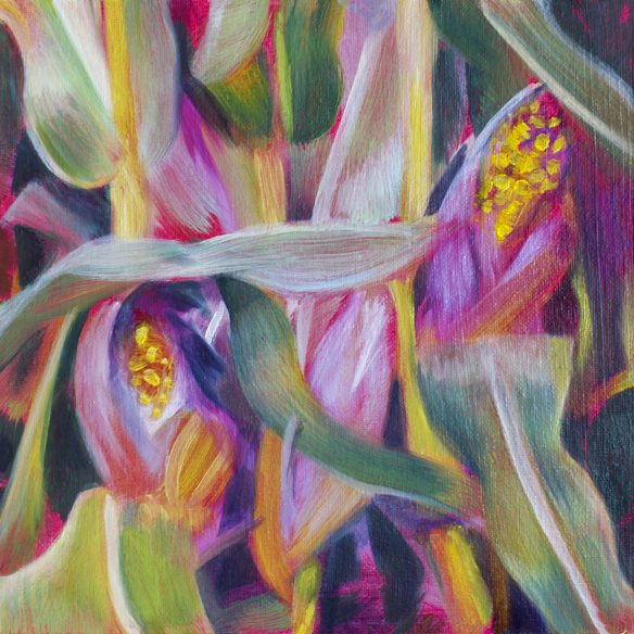 Abstract painting with green, yellow, and purple hues resembling leaves and flowers. It has a vibrant and colorful palette with expressive brushstrokes.