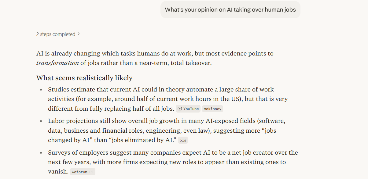 Screenshot of Perplexity opinion on whether AI will replace humans