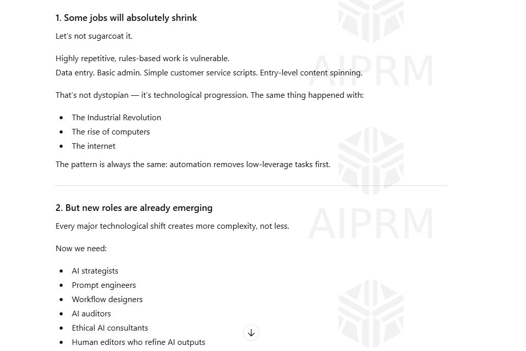 Screenshot of ChatGPT opinion on whether AI will replace humans