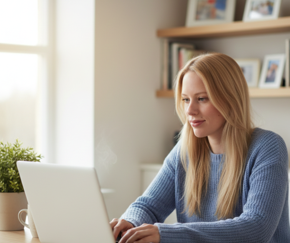 Hannah O'Neill sat at laptop wearing a blue jumper