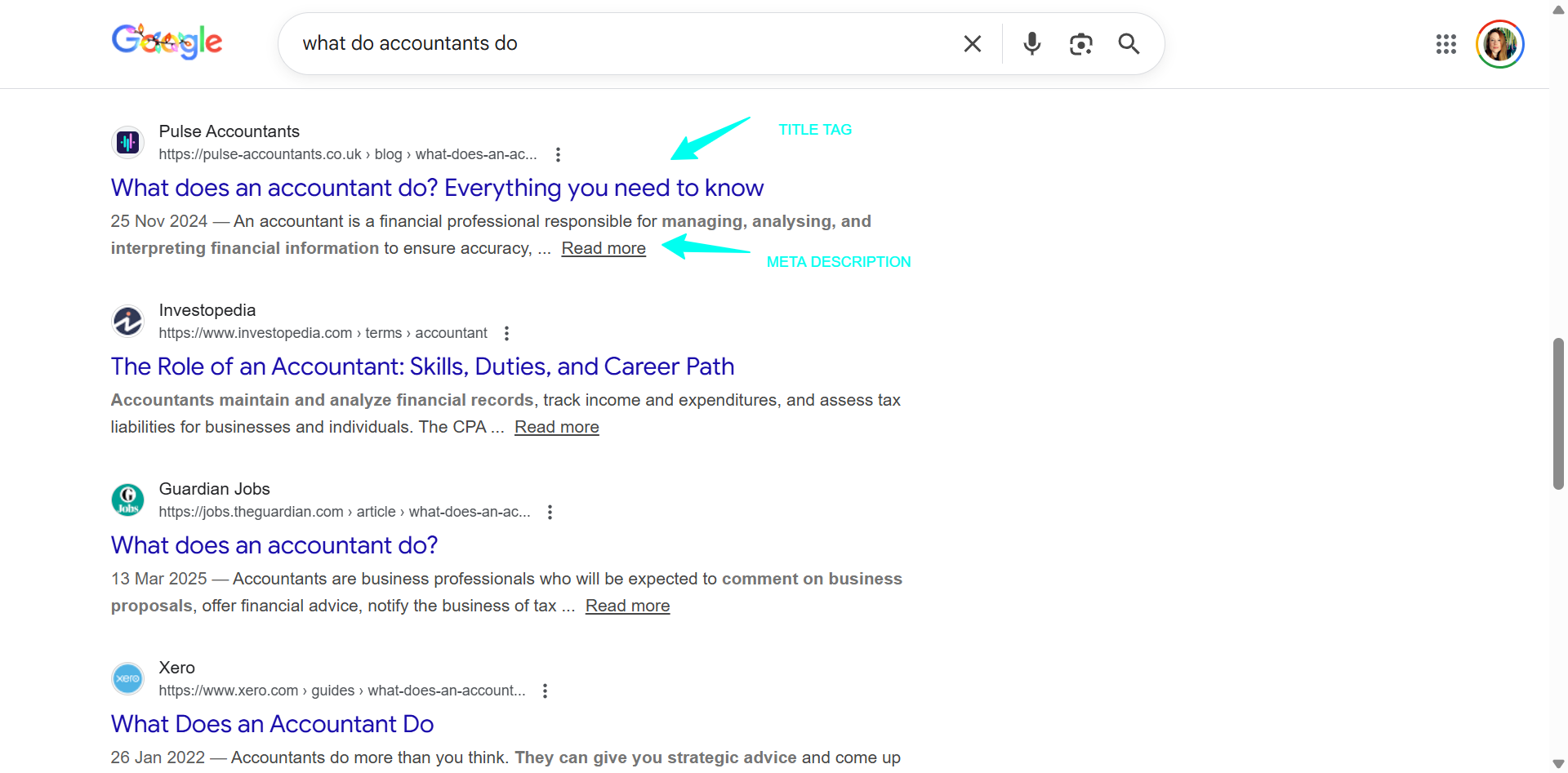 Screenshot of Google Serps with clear title tag and meta description