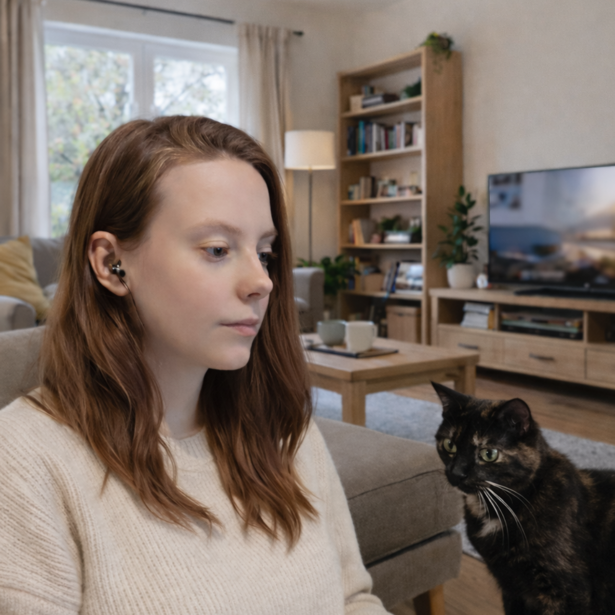 hannah oneill sat at laptop with cat