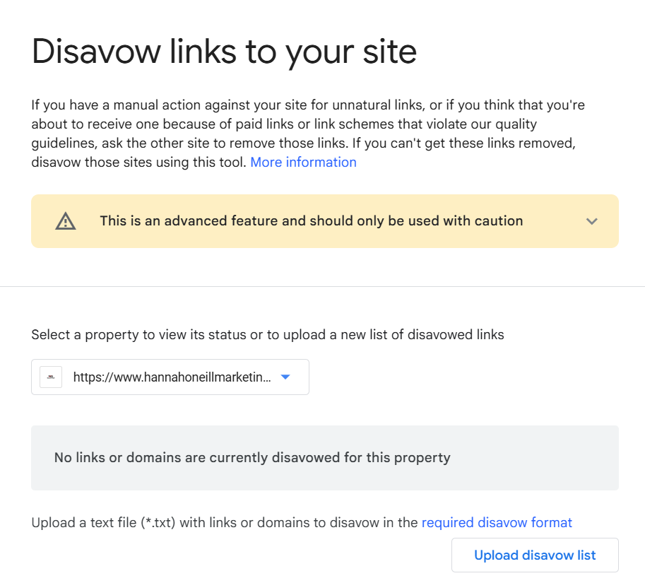 screenshot of Google disavow tool