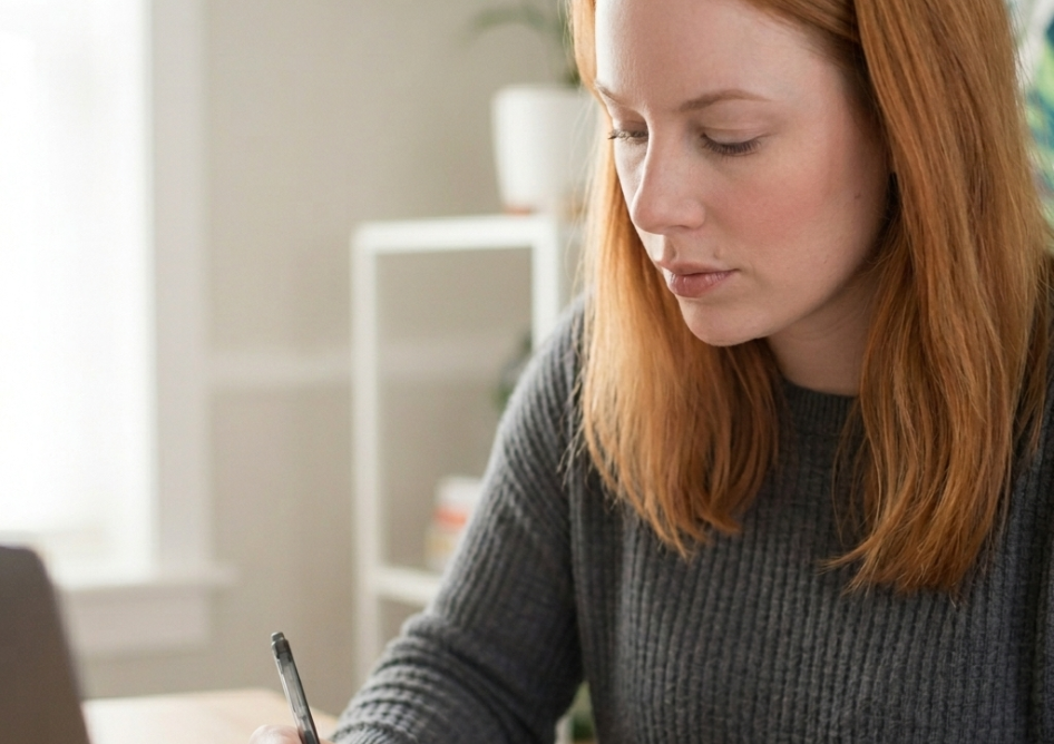 Hannah O'Neill with red hair, sat at a desk writing with a pen