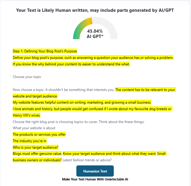 edited bad content being classed as more human screenshot from ZeroGPT