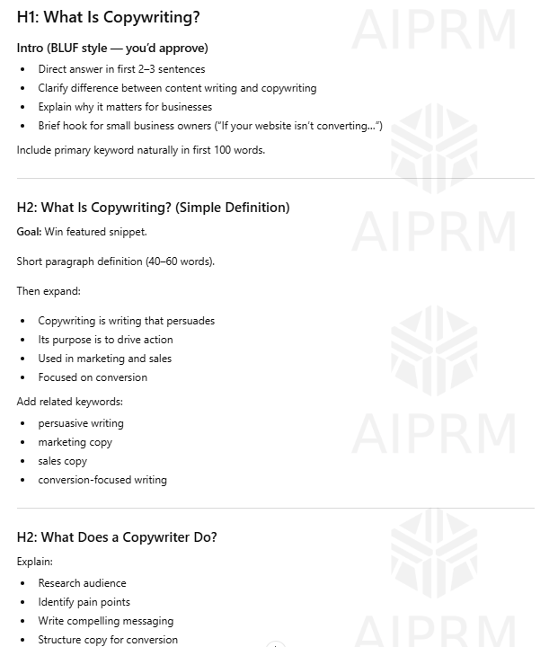 A blog post outline for the keyword what is copywriting